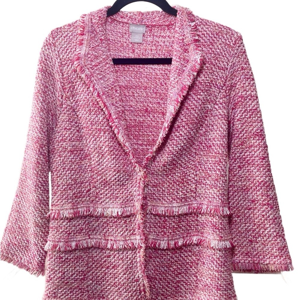 Chico's Pink Tweed Blazer With Fringe NWT. ( 00 in Chicos sizing) - Picture 3 of 12